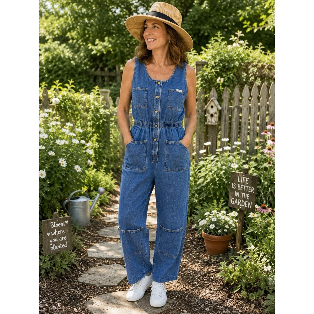 Vintage IDEAS Jumpsuit Women's M Blu Denim Sleeveless Romper Boho Garden 90s USA